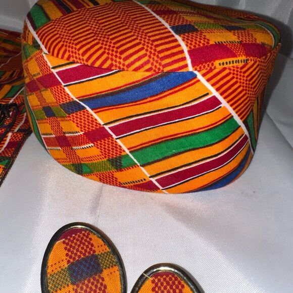 Kente Ghana African kufi Hat men or women. Scarf And Earrings Included. Set - Picture 6 of 12